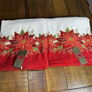 Vtg NOS 90's Merry Christmas Poinsettia Holiday Bath Towels 2pc Set OEKO-TEX